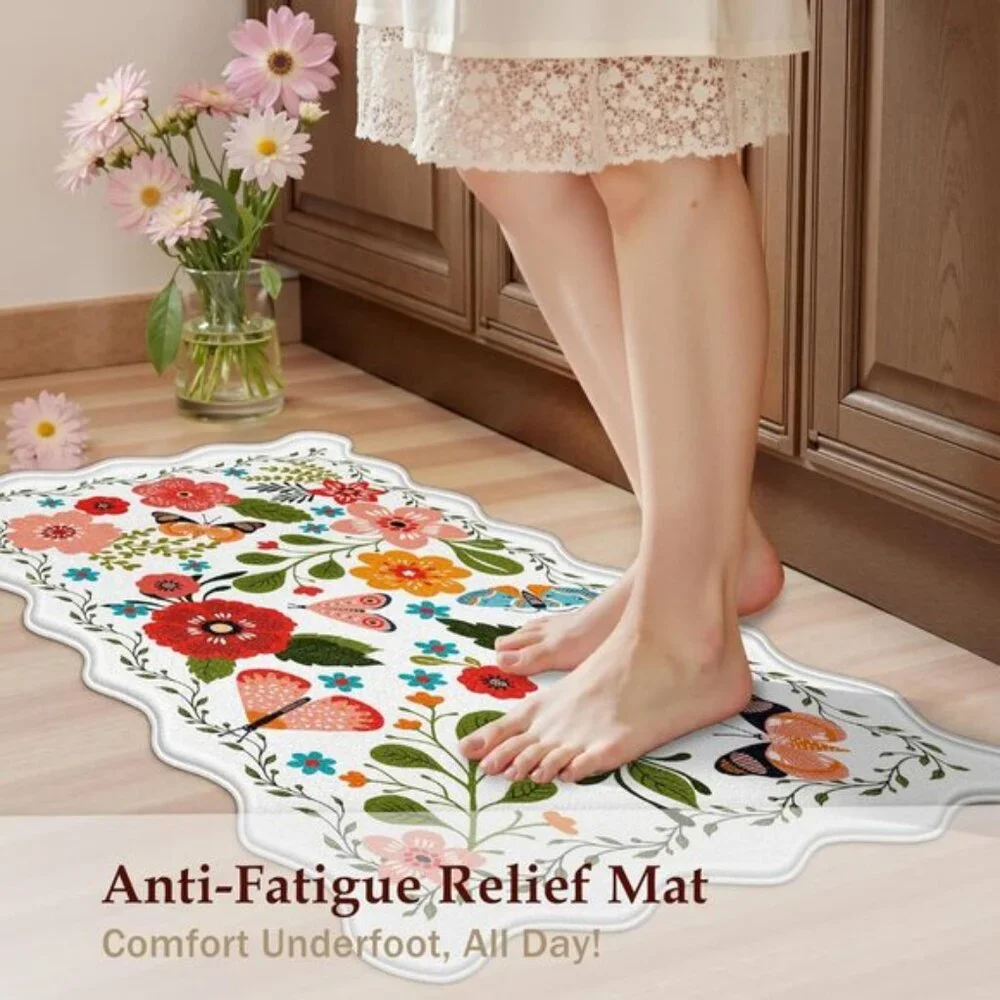 New 2Pcs Scalloped Kitchen Mats, Cushioned Non-Slip Waterproof Anti-Fatigue Rugs